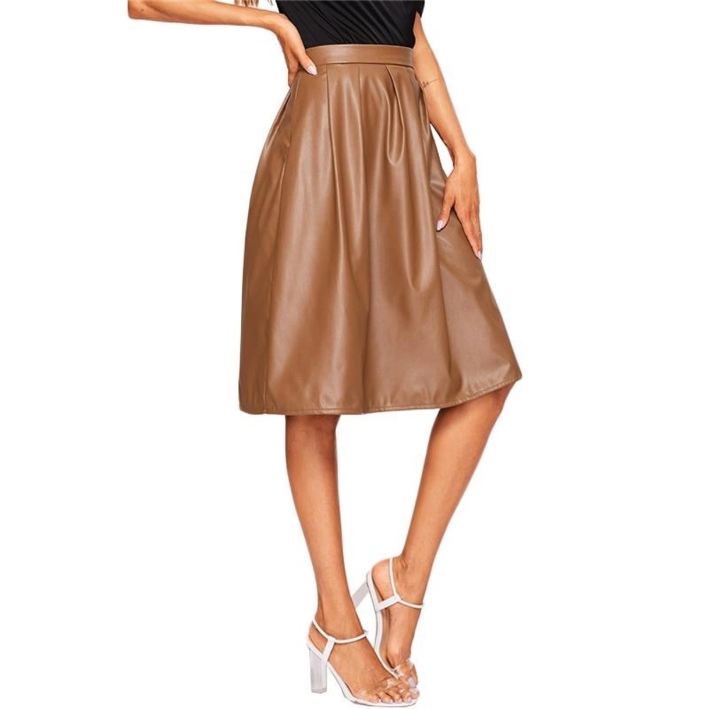 Faux Leather A-Line Midi Skirt - Brown